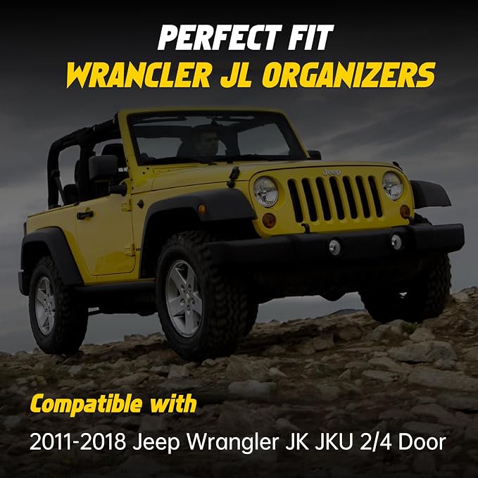 JK Storage Pockets for Jeep Wrangler, Front & Rear Door, 4 Pcs | Compatible with 2011-2018 Jeep Wrangler JK JKU 4 Door, Front and Rear Door Pockets, Interior Storage Accessories, Black