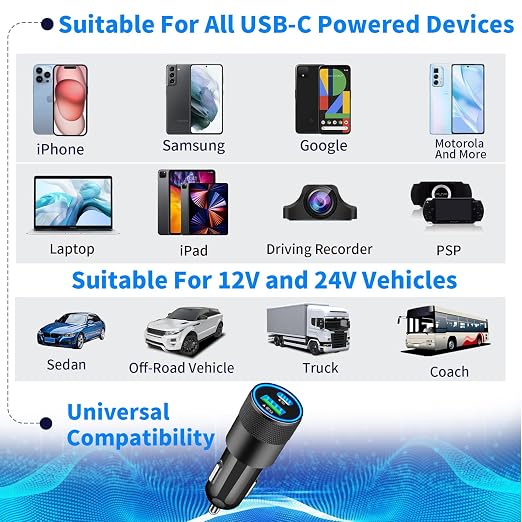 [Apple MFi Certified] iPhone 17 Car Charger Fast Charging, 2Pack 75W USB-C PD&QC Power Cigarette Lighter + Type-C Braided Cable for iPhone 17/17 Air/17 Pro/17 Pro Max/16 Pro/15/Galaxy/Pixel