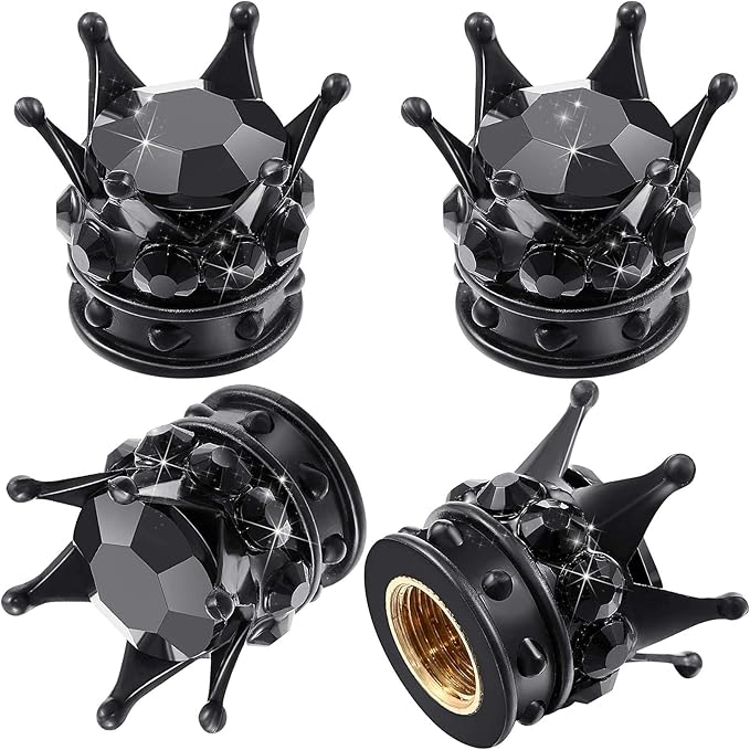 4 Pieces Crown Tire Valve Stem Caps Bling Handmade Crystal Rhinestone Universal Chrome Crown Vehicle Car Tire Caps Covers, Attractive Accessories for Car (Black)