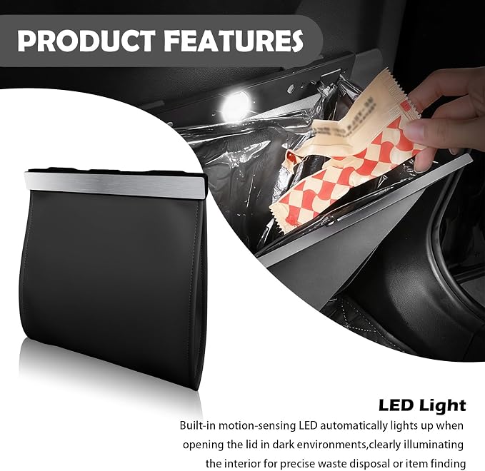 2026 New Car Trash Can with LED Light & Strong Magnet Closure,Leather Car Trash Bin with 12 Bags,Large Capacity Cars Garbage Can as Cars Organizer for Back Seat/Door