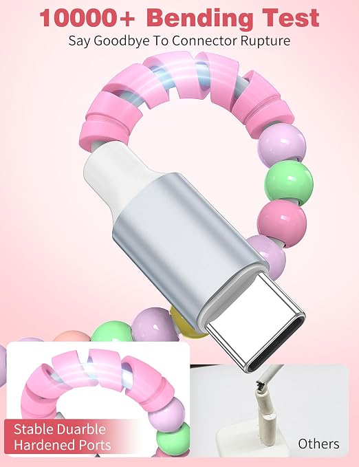 USB A to USB C Cable 6FT,Beaded Charger Cord for iPhone 17 16 Pro Max 17e 16e 15 Car Play,Type C Cute Car Charger Cord for iPad 10 11th/Samsung S26 S25 Ultra S24/Android Phone Girls Women,Pink-Green