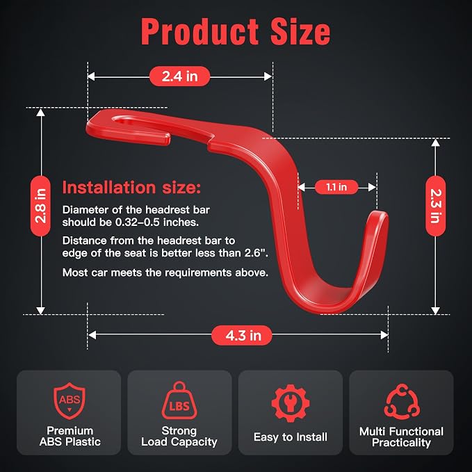 Car Seat Headrest Hook 4 Pack Hanger Storage Organizer Universal for Handbag Purse Coat Universal fit Vehicle Car S Type Red