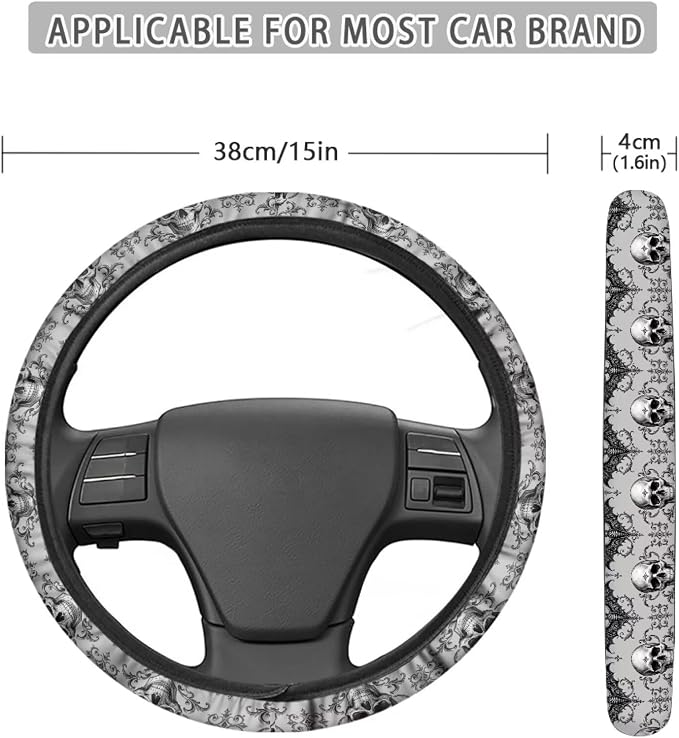 Steering Wheel Protection for Most Cars Interior Accessories | Skull Bat Grey Automotive Steering Wheel Cushion, Halloween Decor, Anti-slip Universal 14-15 inch, Easy Install