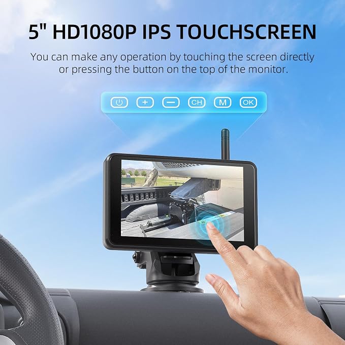 Magnetic Solar Wireless Backup Camera: HD1080P 5” Touchscreen Portable with DVR, BSD, 1-Min Install-Free IR Night Vision Hitch Backup Camera for Trailer/Truck/Small RV/Camper/Tractor-AWTCM501