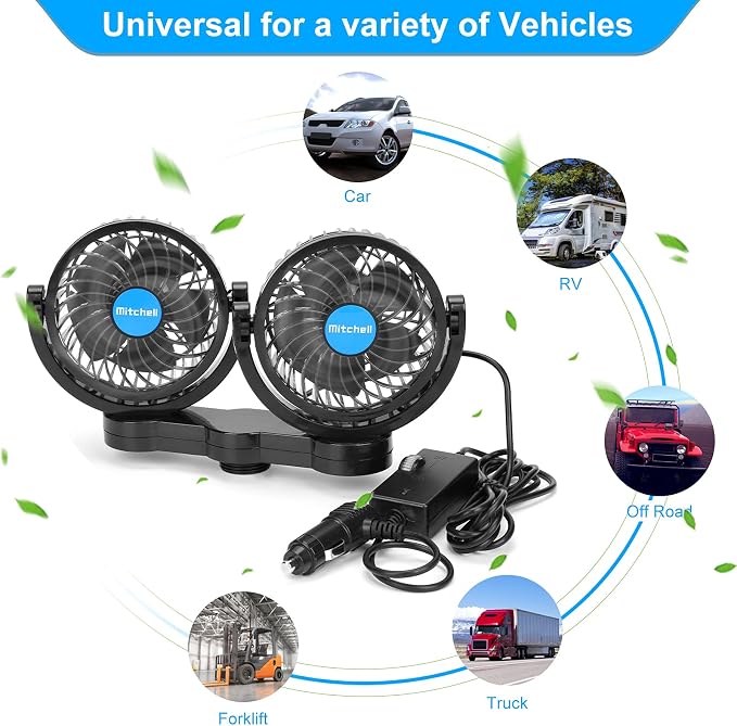 12V Car Clip Fans, Adjustable Dual Head Clip Fan 360° Rotatable Cooling Air Fan, 4'' Electric Auto Car Fans with Cigarette Lighter Plug for Vehicles, RV, SUV