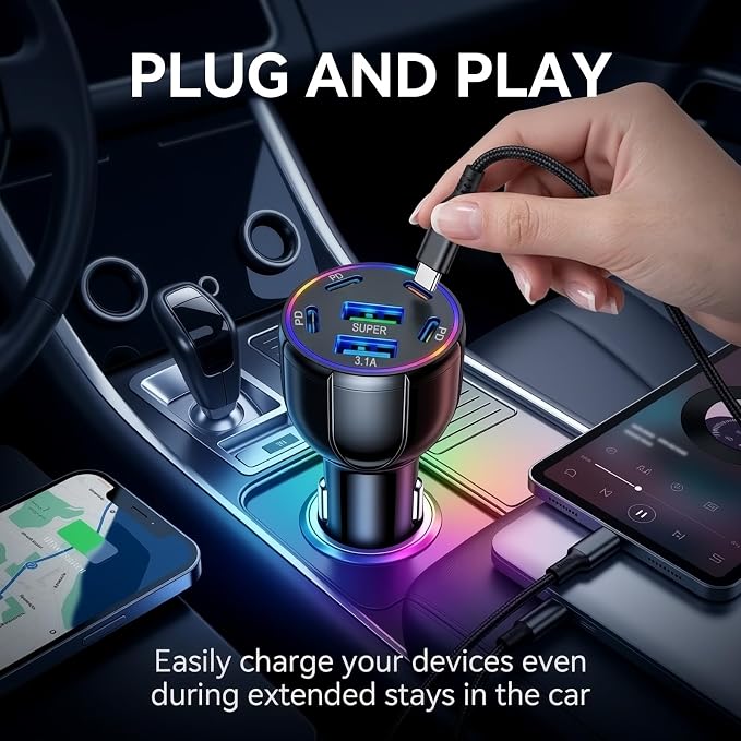 6 Ports 75W Fast Car Charger USB C & USB A,12V/24V Car Charger Adapter Cars Cigarette Lighter Chargers for Super/PD30W/PD/3.1A,12V/24V Cars Port Chargers for Phones,Tablets