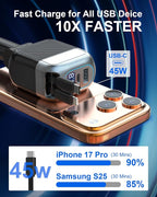 87W Retractable Car Charger, 4-in-1 Fast USB C Charging Car Adapter with 45W Type C Cable for iPhone 17/16 Pro Max & Samsung, 12W Lightning Cable for iPhone 14, Travel Essentials Car Accessories