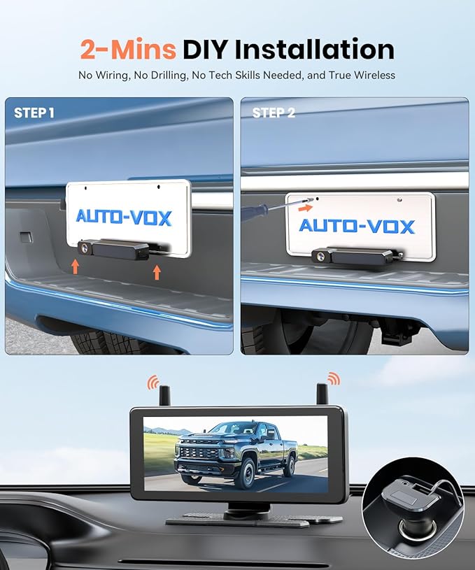 7.2" DVR Portable Solar Wireless Backup Camera:HD 1080P 2 Min Quick Installation Support 2 Split Screen Back up Camera, IP69K Waterproof Reverse Camera for Car, Van, SUV, Truck, Trailer