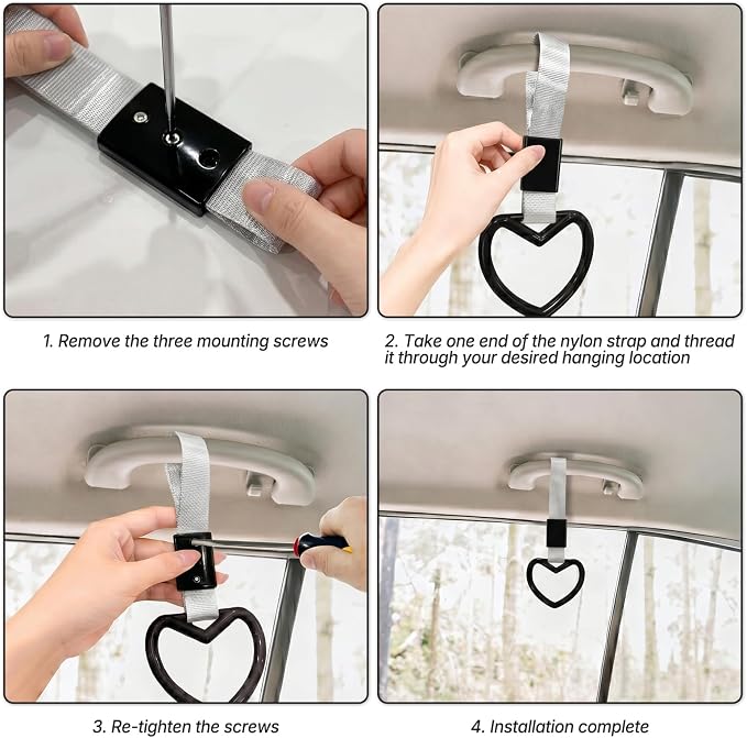 2 Pcs Heart Shaped Car Handle Strap – JD M Drift Charm Rear Bumper Warning Ring Decor for Car Interior Exterior, Subway Bus Handle Accessory, Cute Heart Car Decor Gift for Drivers (Black-Silver)