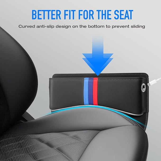 Car Seat Gap Filler Organizer, Black, 2 Pack | Leather, Adjustable, For Front Seats, Storage Box for Phones, Keys, Coins