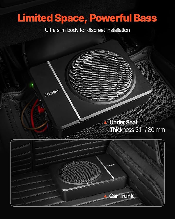 8" 240W Underseat Car Subwoofer, Slim Powered Car Subwoofers Under The Seat, Low Profile Audio Sub Built-in Amplifier, High/Low Level Input & Volume Controller for SUVs, Car, Truck, RV