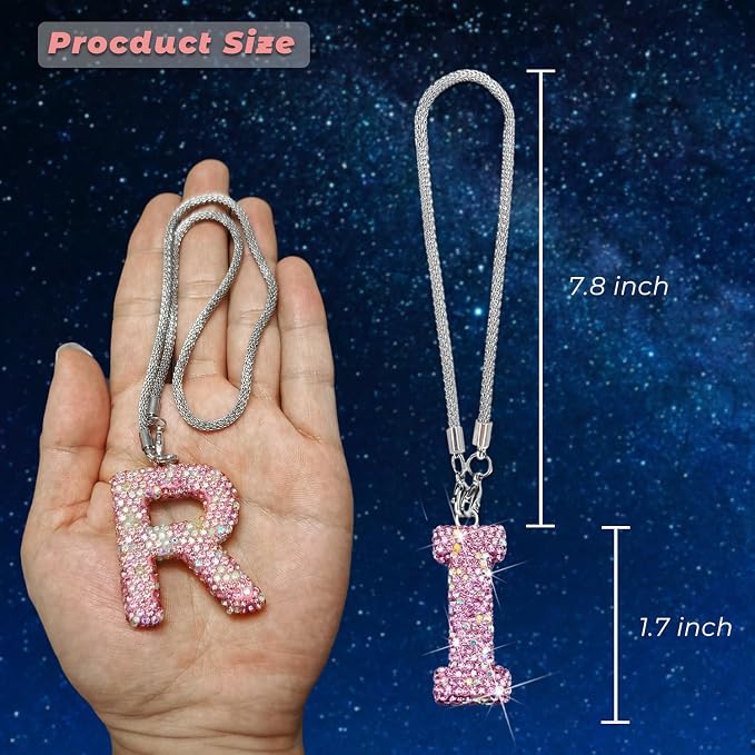 Bling Pink Car Accessories for Women Letter Charm, Rainbow Color Rear View Mirror Cute Crystal Pendant Car Decorations, Lucky Gifts Girly Diamond Rhinestone Charm Letter I