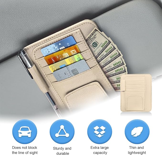 Car Sun Visor Organizer, Small Auto Visor Organizer and Storage, Registration and Document Holder, Vehicle Accessories for Sunglasses, Document, Card, Pen, Driver License (Beige)