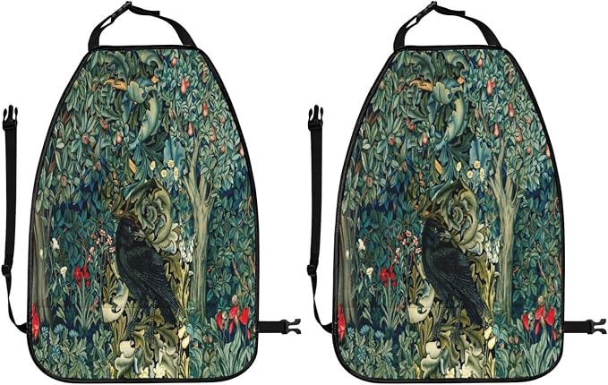 William Morris Forest Animals Raven On Acanthus Leaves Blue Green Floral Car Seat Back Kick Protectors Kick Mats With Storage Pockets For Vehicles To Protect From Dirt Mud Scratches 2 Pack