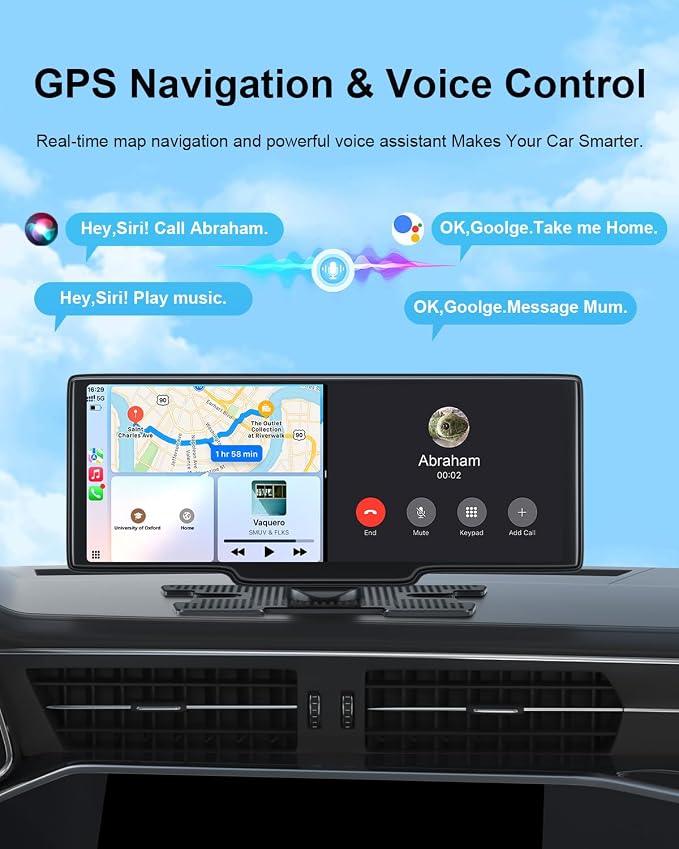 Wireless Carplay Screen for Car, 10.26" Apple Car Play & Android Auto Screen, Car Tablet, Audio Receivers Touchscreen with GPS Navigation/Mirror Link/Siri/FM (No Front & Rear Cameras)