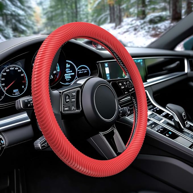 Car Steering Wheel Cover, Thin Anti-Skid Silicone Steering Wheel Cover for Men & Women, Universal Automotive Interior Accessories for Most Cars (Red)