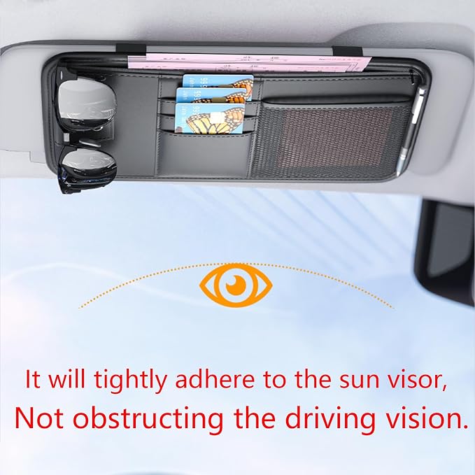 Large Car Visor Organizer Holder for Truck/SUV, Document Storage Pouch Holder with Multi-Pocket Net Zipper for Cards, License, Sunglasses, Pen, Key