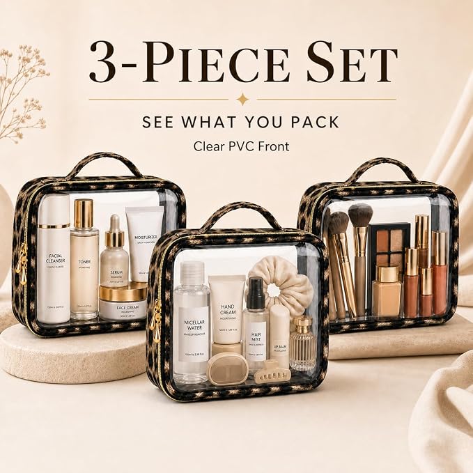 Clear Makeup Bags with Zipper, TSA Approved Travel Toiletry Bag, 3-Pack Medium Clear Cosmetic Bag Handle, Waterproof Make Up Bag for Women, Car Bag Organizer & Car Organization Essentials