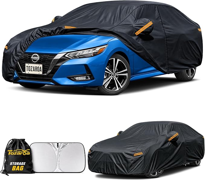 Car Cover Custom Fit for Nissan Sentra Waterproof All Weather,Outdoor Full Exterior Automobiles Snow Covers with Windshield Sun Shade & Breathable Vents,Driver Door Zipper & Storage Bag Black