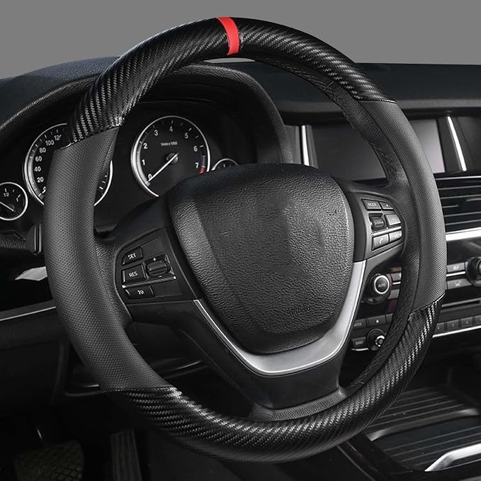 Carbon Fiber Steering Wheel Cover for Ford F150 F250 F350 Ram 4Runner Tacoma Tundra Range Rover, Large Size 15.5"-16", Breathable Microfiber Leather, Odorless, Black
