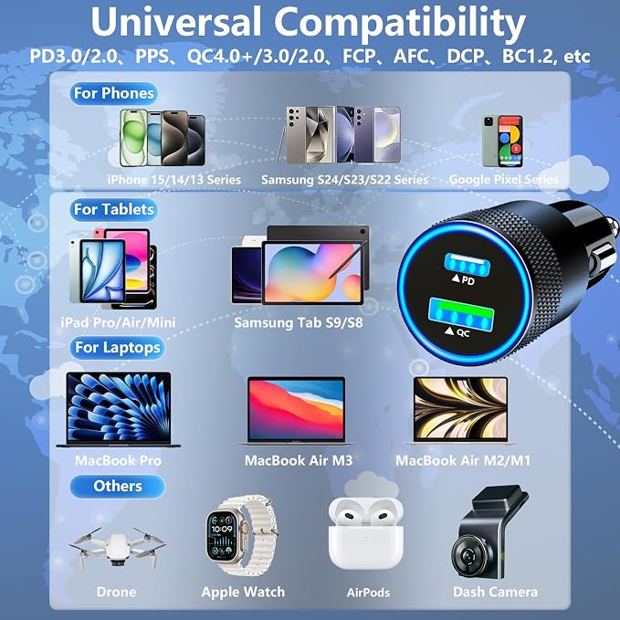 [Apple MFi Certified] iPhone Fast Car Charger, 52.5W USB-C PD&QC3.0 Car Power Cigarette Lighter USB Charger Adapter with 2Pack Lightning Braided Cable for iPhone 14 13 12 11 XS XR X 8 SE iPad