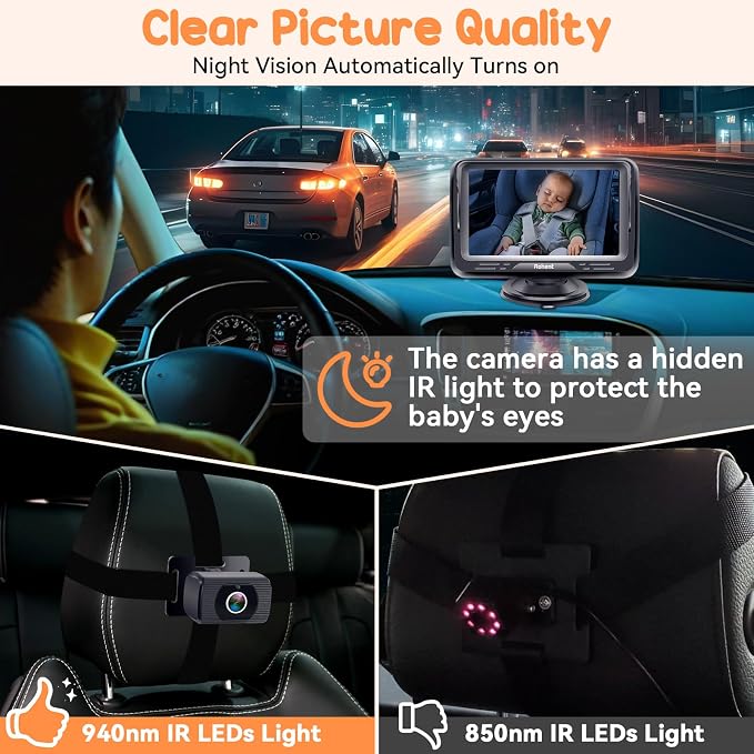 Baby Camera for Car 2 Pack - Dual HD 1080P Monitors with Night Vision, Adjustable Angles, Glare-Free Display, Easy Installation for Two Vehicles, Ideal for Road Trips