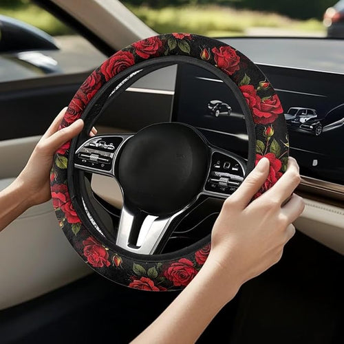 14-15 in Car Steering Wheel Cover Stretch-on Comfortable Grip | Universal Fit Most Car Sedans SUVs, Red Rose Print, Breathable Steering Wheel Protector