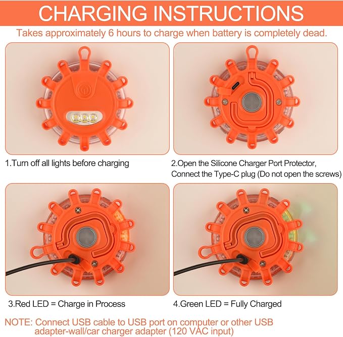 USB-C Rechargeable LED Road Flares Roadside Emergency Light, Safety Warning Flashing Flare Beacon Disc Strobe Traffic with Magnetic Base for Construction Vehicles Truck Boat (Amber,2 Pack)