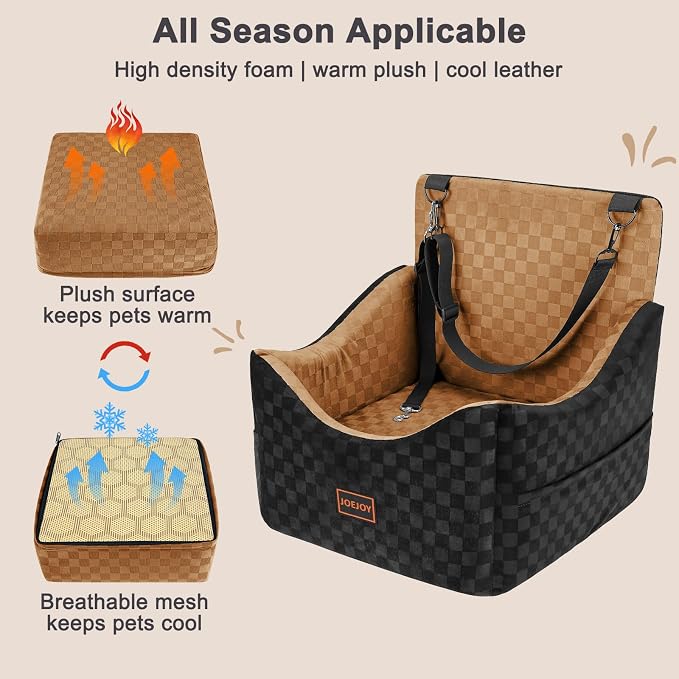 Elevated Dog Car Seat for Small/Medium Dogs up to 35 lbs, Memory Foam Booster Seat with Detachable Washable Cover, Travel-Safe Car Bed with Safety Belts & Storage Pockets, Brown