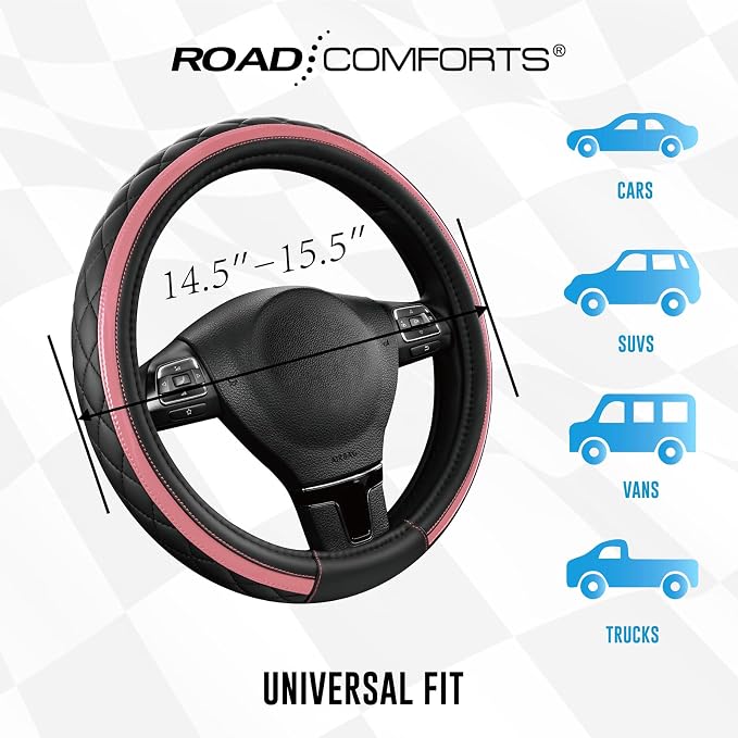 Leather Steering Wheel Cover – Black & Pink, Universal Fit 14.5-15 Inch, Microfiber Leather, Anti-Slip & Breathable Design for Men and Women