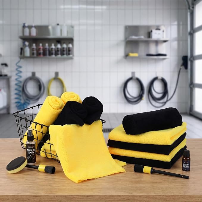 30 Pcs Edgeless Microfiber Plush Towels for Cars Detailing Drying Wash Polishing Absorbent Cleaning Cloths, 500 GSM (16 x 16 Inch,Black,Yellow)