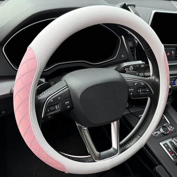 Nappa Leather Steering Wheel Cover,Elegant Diamond Checkered Design, Non-Slip wear-Resistant, Enhance Driving Comfort, Suitable for Steering Wheel Diameter 14 1/2‘-15’ Models.White and Pink