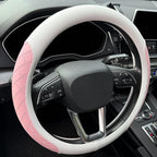 Nappa Leather Steering Wheel Cover,Elegant Diamond Checkered Design, Non-Slip wear-Resistant, Enhance Driving Comfort, Suitable for Steering Wheel Diameter 14 1/2‘-15’ Models.White and Pink