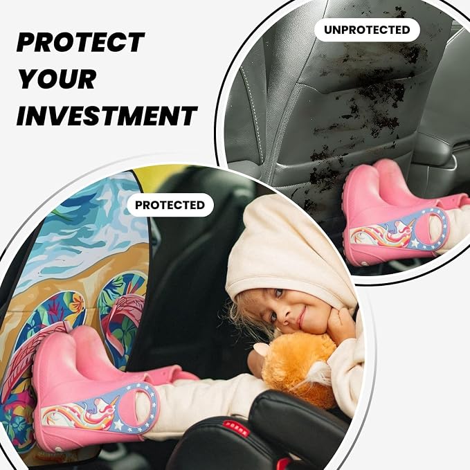 Summer Flip-Flops Car Seat Back Protectors 2 Pack – Large Kick Mats with Storage Pockets, Universal Fit for Most Vehicles