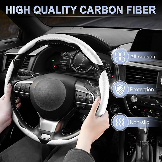 3pcs Carbon Fiber Anti-Skid Steering Wheel Cover, Waterproof & Segmented Butterfly Design, Universal 99% Vehicle Wheel Cover Protector, Car Interior Accessories (White-3pcs)