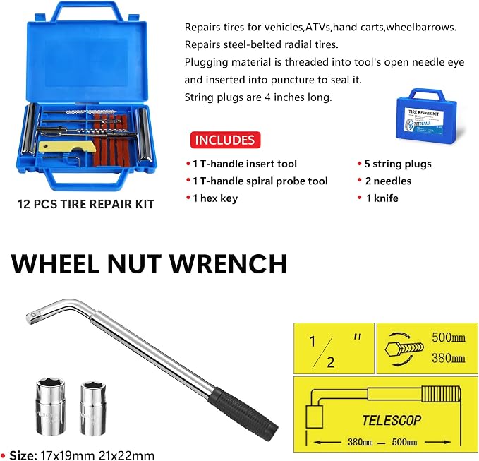 Set of 6 Floor Jack and Jack Stands, 2 Ton(4400lb) Low Profile Floor Jack w/1 Piston Quick Lift Pump, 2 Pcs 3T Jack Stand &12 Pcs Tire Repair Kit, L-Wrench,Floor Jacks Lifting Range 3.3"-15.2"