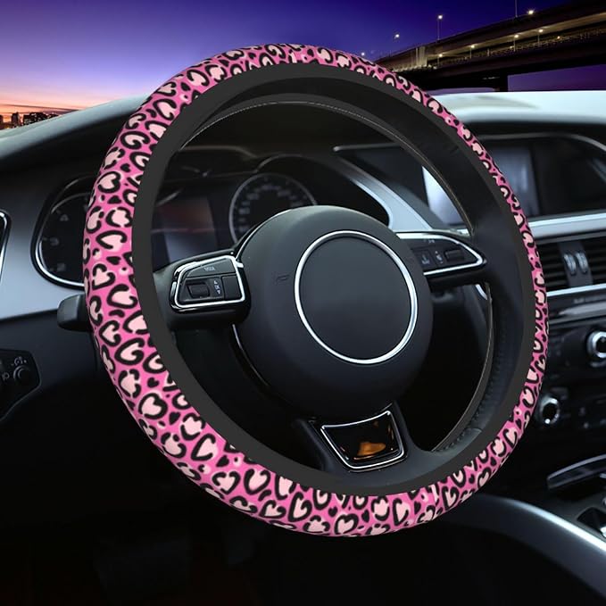 Pink Leopard Pattern Steering Wheel Cover 15 Inch Cheetah Steering Wheel Cover Anti-Slip Universal Pink Leopard 2 Pcs Car Interior Cup Holder Pad for Men Women