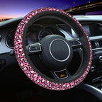 Pink Leopard Pattern Steering Wheel Cover 15 Inch Cheetah Steering Wheel Cover Anti-Slip Universal Pink Leopard 2 Pcs Car Interior Cup Holder Pad for Men Women