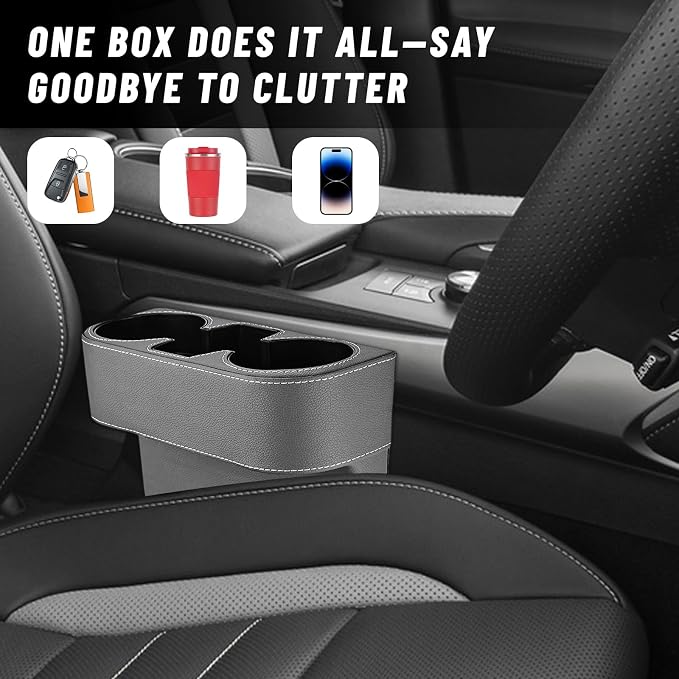 Car Seat Gap Filler Organizer, PU Leather Auto Front Seat Organizer Console Side Filler w/Cup Holder, Multifunctional Bottle Phone Holder Crevice Fillers for Most Car (Gray)
