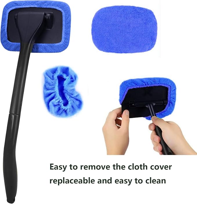 Car Windshield Cleaner Tool with Extendable Handle, Inside Auto Window Glass Cleaning Kit with 5 Washable Microfiber Pads, Streak-Free Defogger Wand for Deep Dashboards & SUVs