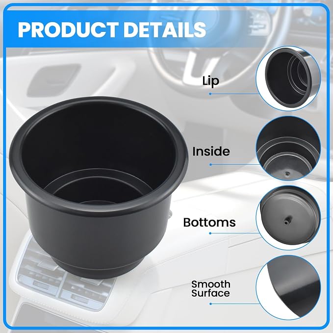 Black Sofa Cup Holder, Universal Plastic Recessed Cup Holder with Drain for RV Boats, Cars, Sofas and Golf Carts (2-Piece)