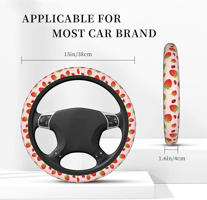 Strawberry Ladybugs Elastic Steering Wheel Cover Non-Slip Breathable Steering Wheel Protector Fit Auto, SUVs, Truck