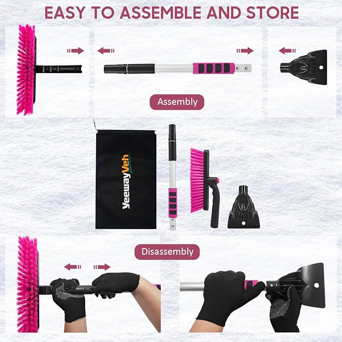 39in Car Snow Brush Ice Scraper 360° Rotating, Magenta Pink