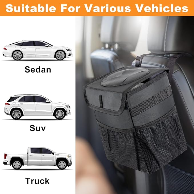 Car Trash Can Foldable Garbage Bin Leakproof 2.3 Gallons Car Trash Bag Black