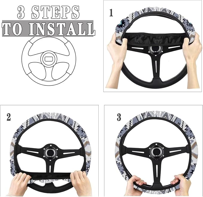 Auto Steering Wheel Cover for Women Men, Universal 15 Inch Soft Elastic Steering Wheel Wrap Anti-Slip Easy to Install Car Accessories, Southwest Aztec Blue Gray