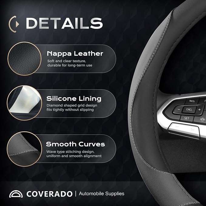 Coverado Car Steering Wheel Cover, Nappa Leather Black & Gray Steering Wheel Covers, Universal 14-15 inch, Anti-Slip, Breathable Steering Wheel Protector for Women Men