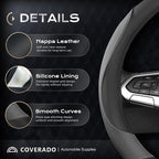 Coverado Car Steering Wheel Cover, Nappa Leather Black & Gray Steering Wheel Covers, Universal 14-15 inch, Anti-Slip, Breathable Steering Wheel Protector for Women Men