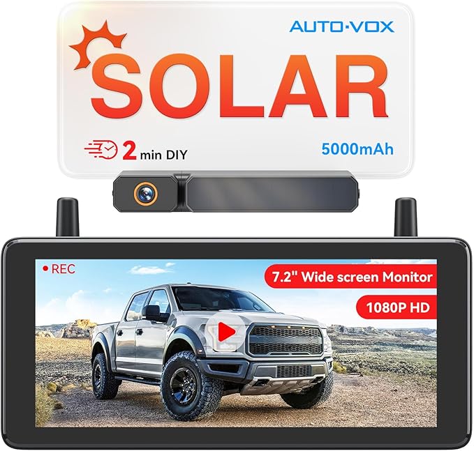 7.2" DVR Portable Solar Wireless Backup Camera:HD 1080P 2 Min Quick Installation Support 2 Split Screen Back up Camera, IP69K Waterproof Reverse Camera for Car, Van, SUV, Truck, Trailer