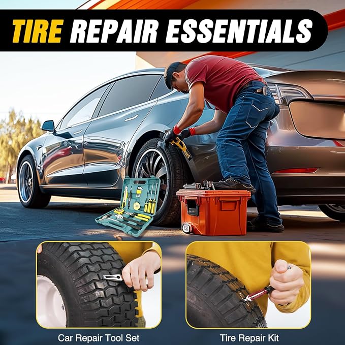Car Emergency Kit with Jumper Cable, First Aid Kit Safety Assistance Tools for Travel Camping Outdoor Cars Truck SUV RV, Roadside Essentials with Flash Light
