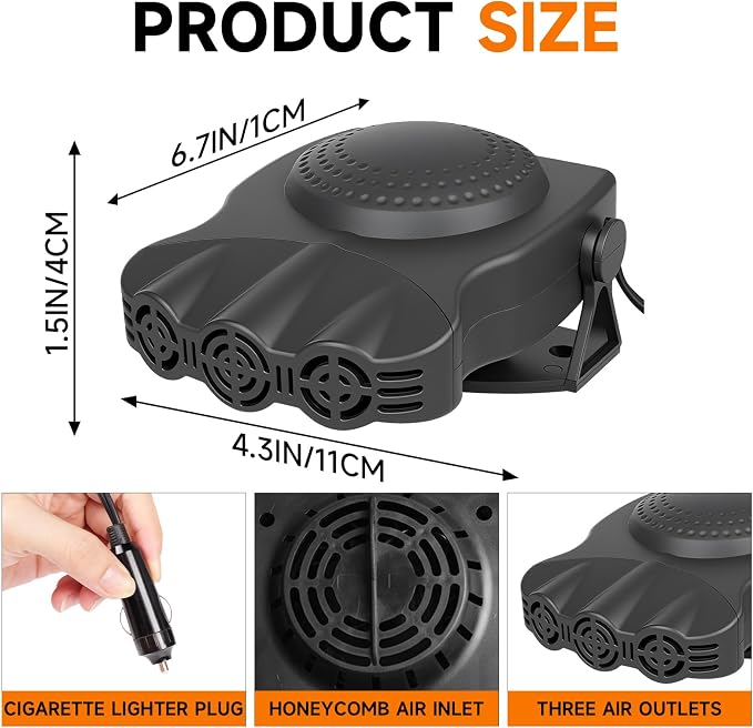 12V 200W Portable Car Heater & Defroster, Fast Heating Car Heaters for Vehicle, 12V Car Heater that Plugs with 360° Rotatable Base Cigarette Lighter Heater